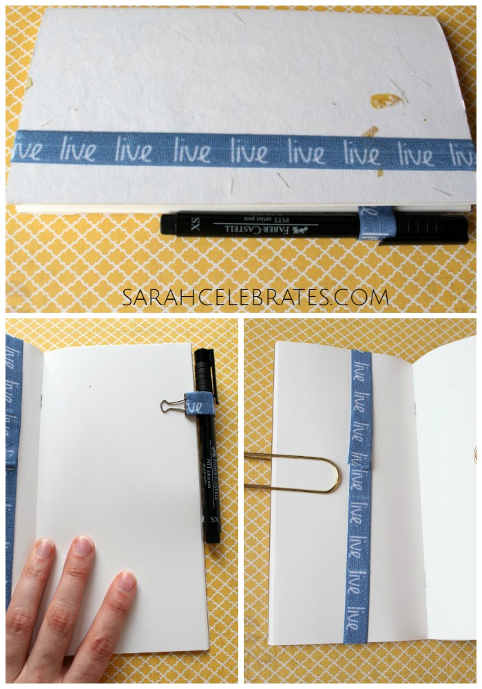 DIY Travelers Notebook Accessories - Notebook with elastic bookmark and binder clip pen loop | Sarah Celebrates